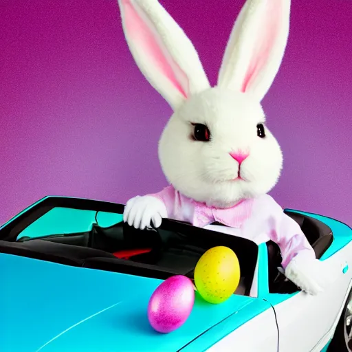 Image similar to easter bunny driving a convertible, studio photo, high quality