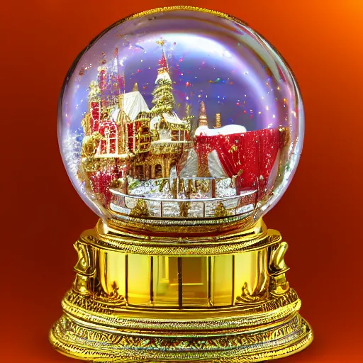 Image similar to in a snowglobe is a golden and red rocococastle with unicorns and snow falling, rainbow colored, sparkels, insanely detailed, 8 k, 3 d, masterpiece