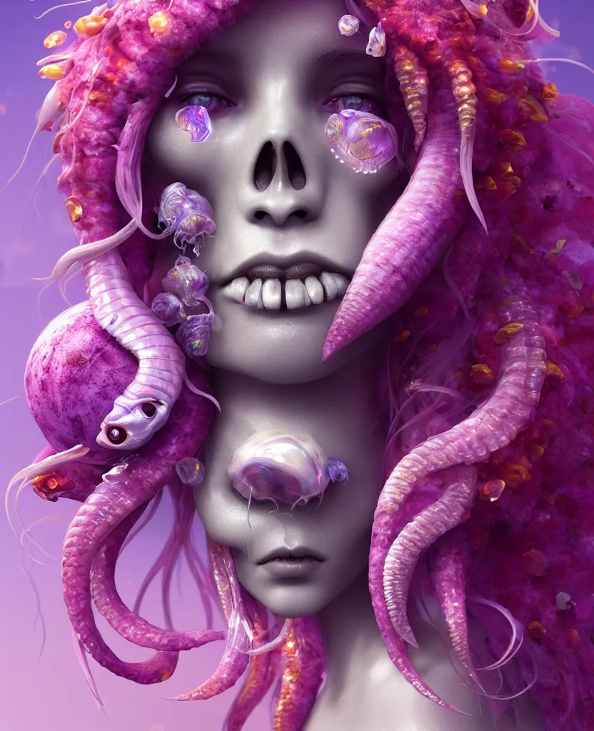 Prompt: goddess princess beautiful face close-up portrait ram skull fluffy toy. jellyfish phoenix head, nautilus, orchid, skull, betta fish, bioluminiscent creatures, intricate artwork by Tooth Wu and wlop and beeple. octane render, trending on artstation, greg rutkowski very coherent symmetrical artwork. cinematic, hyper realism, high detail, octane render, 8k