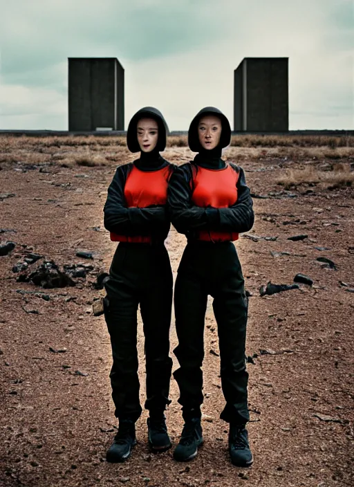 Image similar to cinestill 5 0 d photographic portrait of two loving clones, techwear women on a desolate plain, a brutalist metal building in the background, depth of field, 4 k, 8 k, hd, full color