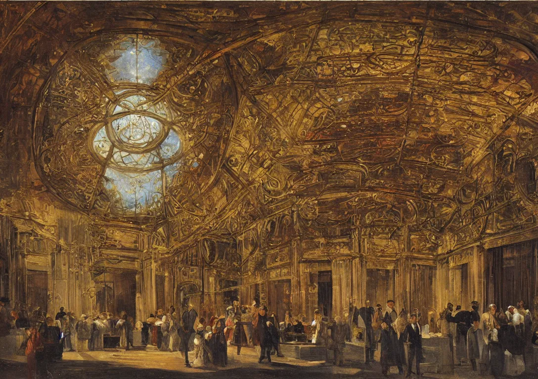 Prompt: ''oil painting, the astrological society of paris, 19th century, mystic, under the grand transparent glass roof palace''
