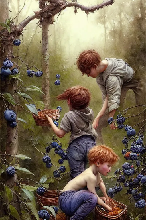 Image similar to kids picking huge blueberries | esoteric symbolism | jean - baptiste monge, esao andrews, bastien lecouffe - deharme, tim jacobus, ken currie | ultra - detailed realism, soft cinematic lighting, hi - fructose, artstation, high - quality, ink watercolors wes anderson poster art