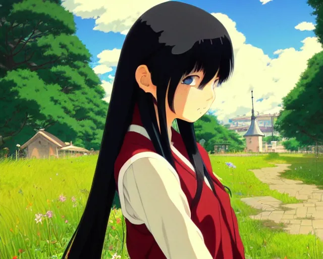 Image similar to beautiful anime girl with long black hair and bangs, red eyes, fine details portrait, village in the background, bokeh. anime masterpiece by Studio Ghibli. illustration, sharp high-quality anime illustration in style of Ghibli, Ilya Kuvshinov, Artgerm