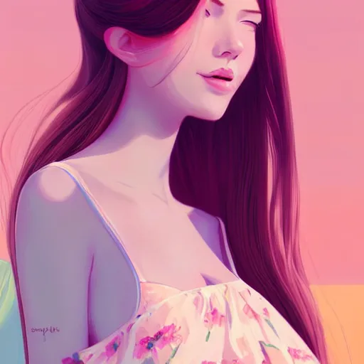 Image similar to happy adult female in sundress, summer dress, pastel light pink very long hair, muted colors, matte print, pastel colors, ornate, digital art, digital painting, fan art, elegant, artstation, head is centered, by Ilya Kuvshinov