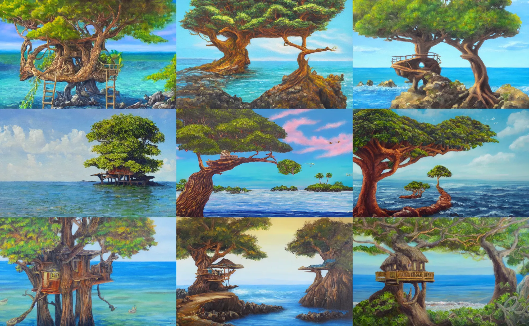 Prompt: oil painting of a mystical island treehouse on the ocean