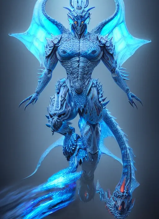 Image similar to muscular and tall blue ghostly fire humanoid dragon!!!! draconian!! intricate ornate iridescent heavy armor!! character concept art, sharp focus, octane render! unreal engine 5! highly rendered!! trending on artstation!! detailed linework!! illustration by artgerm, wlop, and chie yoshii