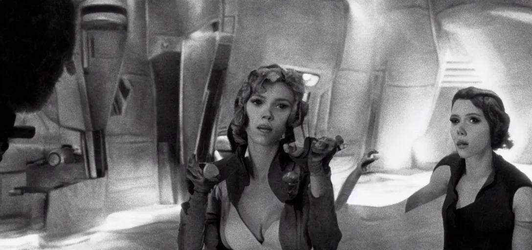 Image similar to a still of Scarlett Johansson in the cantina speaking to an alien in Star Wars (1977)
