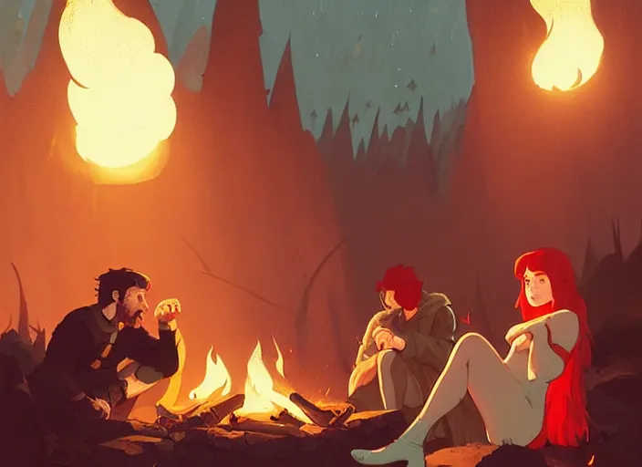 Image similar to a brunette man and a red - haired woman chatting together around a campfire, medieval times by atey ghailan, by greg rutkowski, by greg tocchini, by james gilleard, by joe fenton, by kaethe butcher, dynamic lighting, gradient light blue, brown, blonde cream and white color scheme, grunge aesthetic