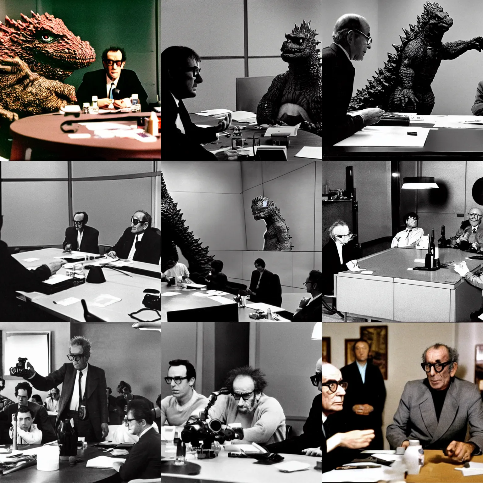 Prompt: godzilla is seated at a conference table with a mike and jean - luc godard. jean - luc godard and godzilla are both answering questions.