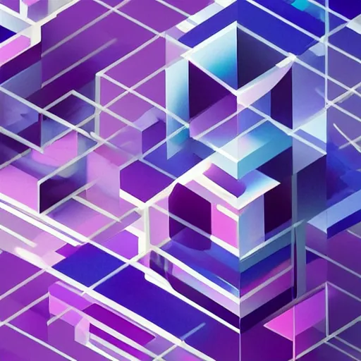 Prompt: a painting of a blue and purple abstract scene, a cubist painting by erno rubik, trending on behance, crystal cubism, isometric, rendered in cinema 4 d, behance hd