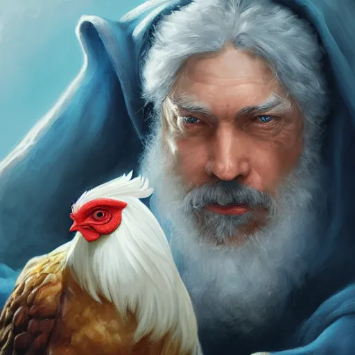 Image similar to a portrait of a wizard with his pet chicken by Johan Grenier and Tony Sart, confused facial expression, blue robe, long white beard, frizzy hair, ArtStation, realistic, detailed