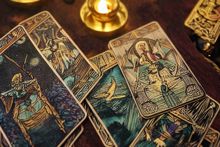 Image similar to Closeup of tarot cards on a table, victorian magic seance with ghosts in an ornate dimly lit room at night, octane