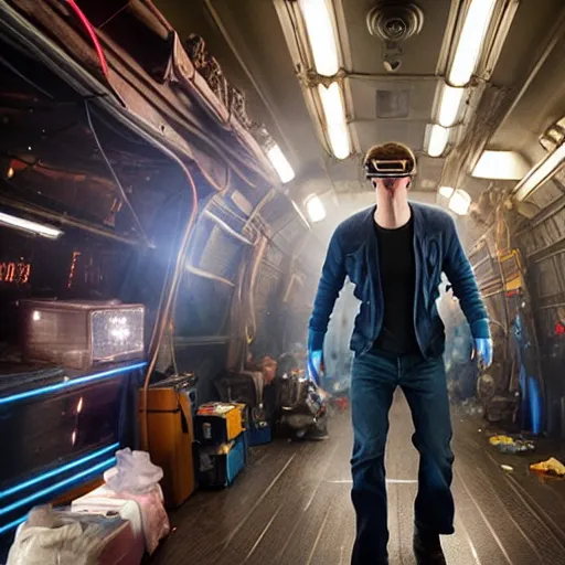 Image similar to Mark Zuckerberg in Ready Player One, movie still, promo material, EOS-1D, f/1.4, ISO 200, 1/160s, 8K, RAW, unedited, symmetrical balance, in-frame