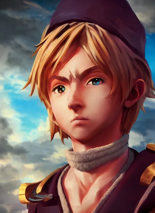 Image similar to An epic fantasy anime style portrait painting of a young blonde boy thief, unreal 5, DAZ, hyperrealistic, octane render, cosplay, RPG portrait, dynamic lighting