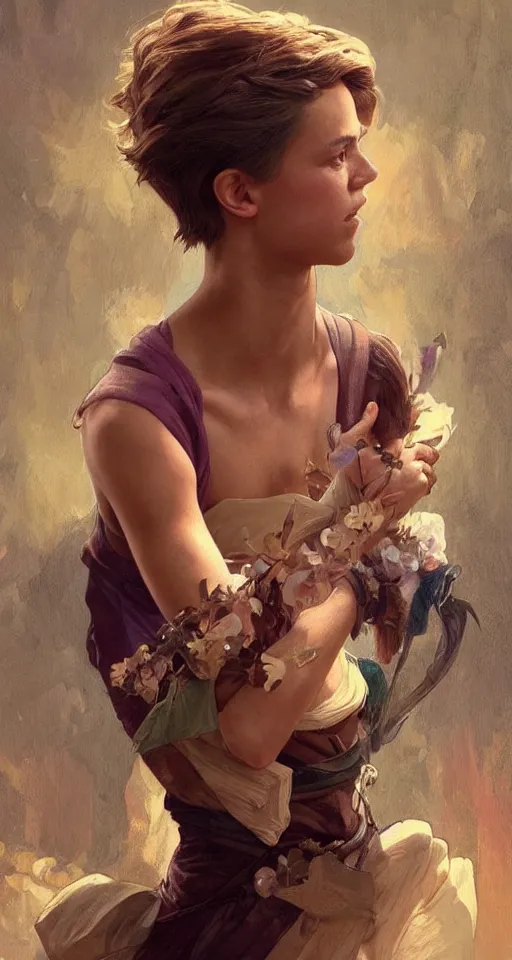 Prompt: character portrait of Alicia Vikander as a nonbinary androgynous teenager with very short hair, relaxing mood, intricate, wild, highly detailed, digital painting, artstation, whole body, concept art, smooth, sharp focus, illustration, art by artgerm and greg rutkowski and alphonse mucha