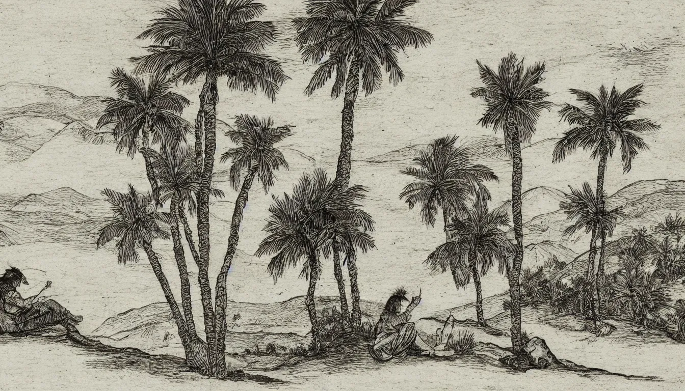 Prompt: a person sits on a large hill while wind blows the palm trees, pen and ink, 1 5 0 0 s, 8 k resolution