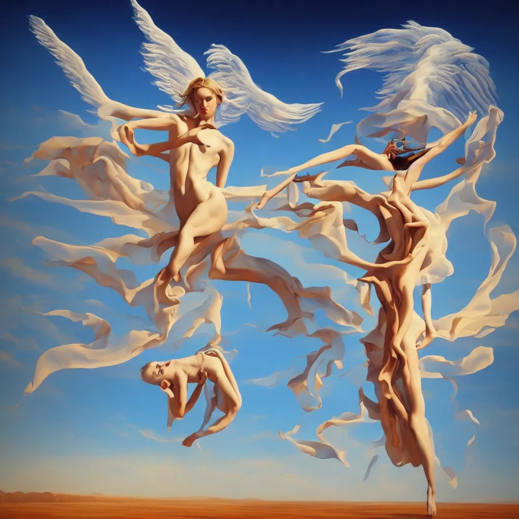 Prompt: angel dancing in desert, in the style of dali, oil on canvas, masterpiece, trending on artstation, featured on pixiv, cinematic composition, beautiful lighting, sharp, details, hyper - detailed, hd, hdr, 4 k,