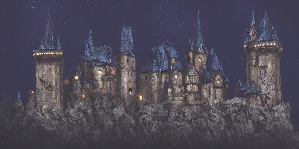 Prompt: Transylvanian castle at night, dark, dark blue, low-light, midnight, hyper-detailed, trending on Artstation, 8k, 4k, high-res, digital art