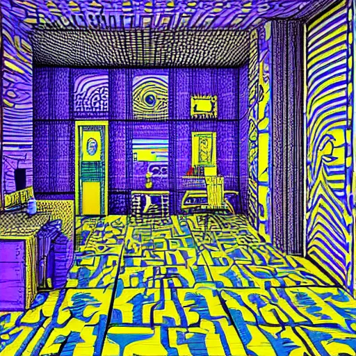 Image similar to a drawing of a room with a staircase, a computer rendering by howard arkley, cg society contest winner, psychedelic art, isometric, voxel art, vaporwave