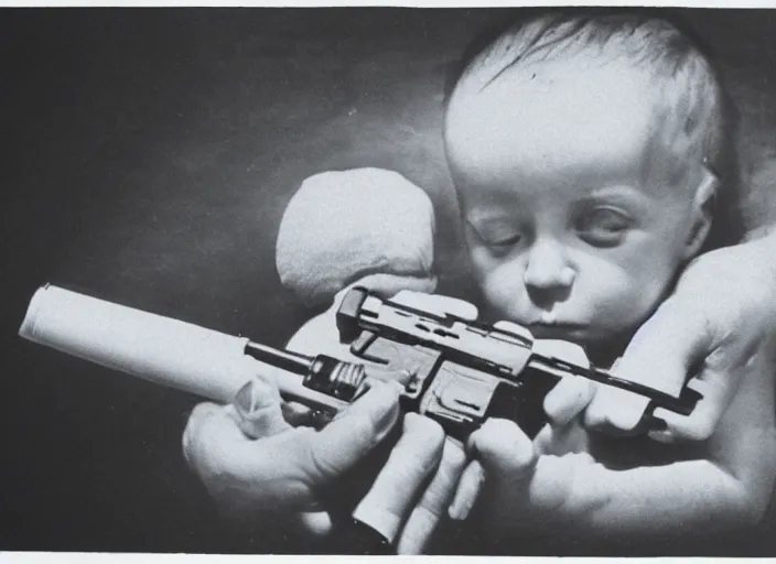 Prompt: ultrasound portrait of fetus holding a gun