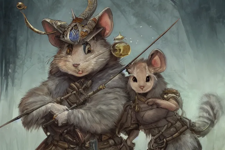 Image similar to dungeons and dragons fantasy painting, portrait of an ashigaru mouse rifleman, whimsical and cute, determined expression, watery eyes, anime inspired by krenz cushart, light grey fur, tufty whiskers, feathered arrows, bamboo forest river, dawn lighting, by brian froud jessica rossier and greg rutkowski