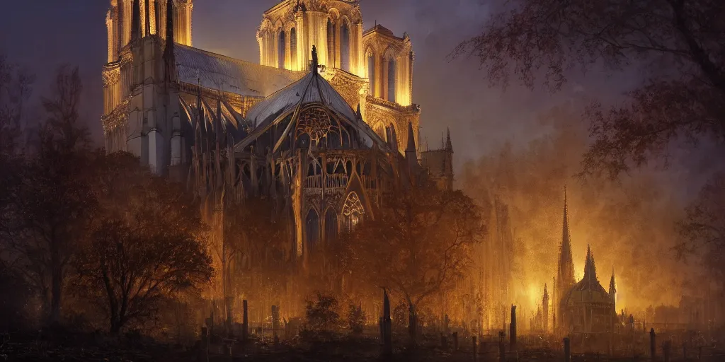 Prompt: Notre dame taken back by nature, by Andreas Rocha + Ted Nasmith, dark, cinematic lighting, masterpiece, highly detailed, 8k resolution, trending on art station