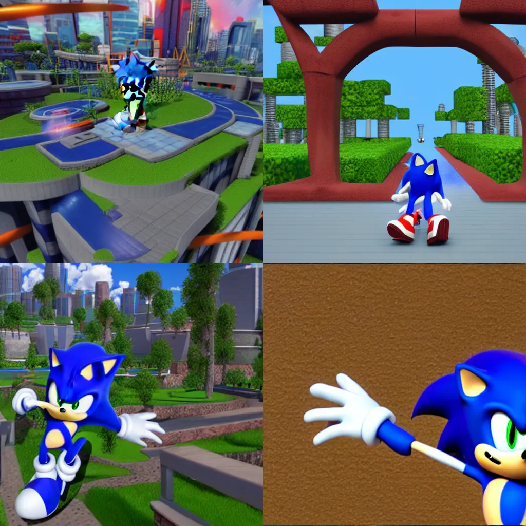 Prompt: sonic the hedgehog 3d render, studiopolis zone, unreal engine