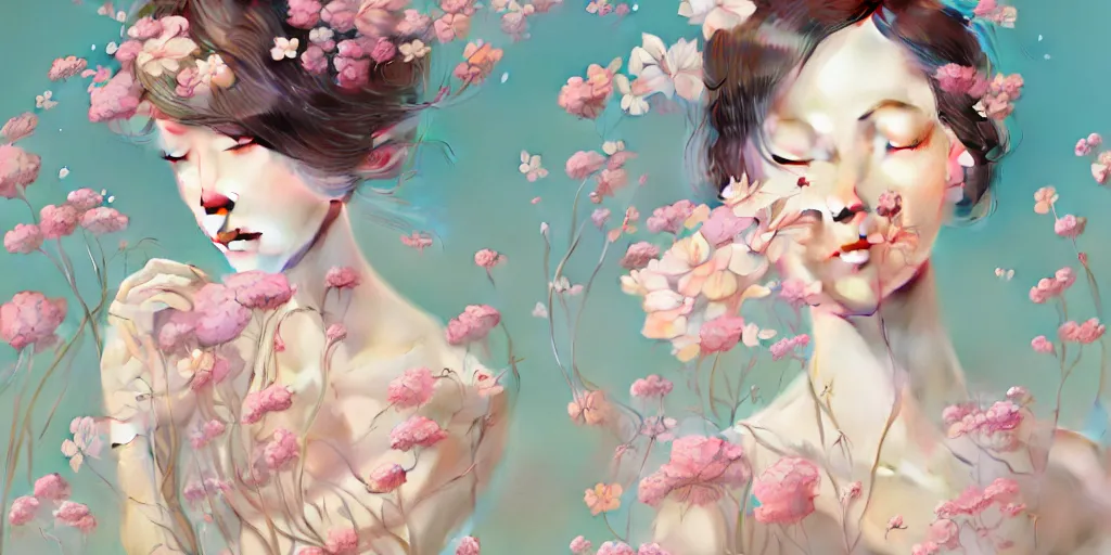 Image similar to breathtaking delicate detailed concept art illustration with flowers and girls, by hsiao - ron cheng, bizarre compositions, exquisite detail, pastel colors, ornate background, 8 k