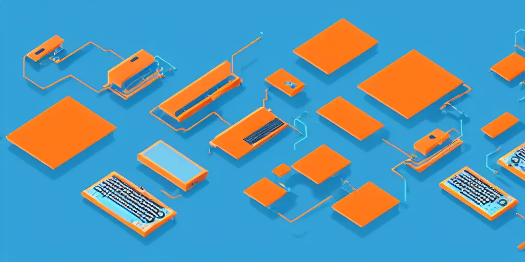 Prompt: Many old fashioned computers interconnected by cords, isometric view from above. Minimalistic design, contemporary design, infographics. Logo. Blue, cyan and orange palette. Vivid, 8K, Epic, Masterpiece, High Quality, Detailed