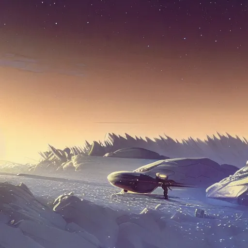 Image similar to Frozen frontiers on an alien planet, floating mountains above clouds in the background, vanishing perspective of a road, ravine, Syd Mead, John Harris, Federico Pelat,