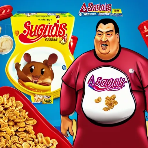 Image similar to obese steven seagal as sponsor of a sugary cereal called aikidos with cartoon rat mascot