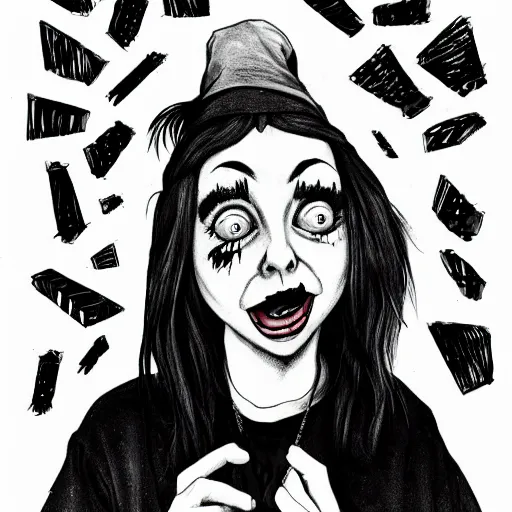 Prompt: grunge drawing of billie eilish in the style of dr seuss | horror themed | loony toons style