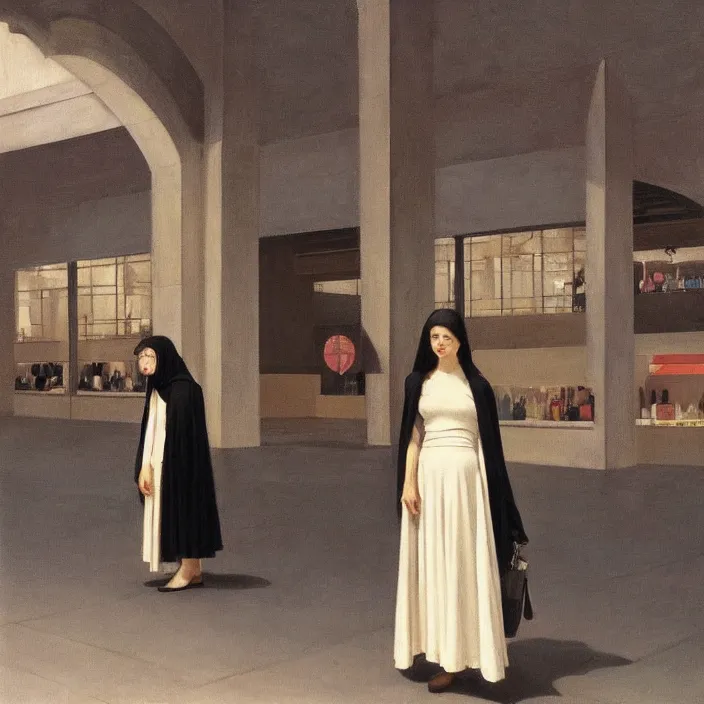 Image similar to woman in black robes, short skirt, in magnificent shopping mall, artstation, art by edward hopper, zdislav beksinski, wayne barlowe, edward hopper