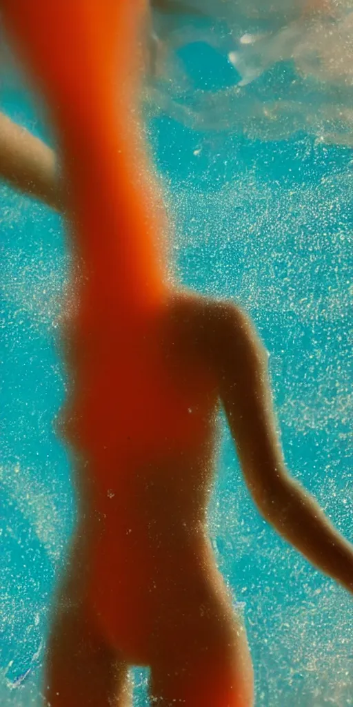 Image similar to a blurry closeup picture of abstract gorgeous human bodies in ocean, body parts, torso, macro photography, long exposure photograph, surrealism, anamorphic bokeh, orange and cyan lighting, cinematic