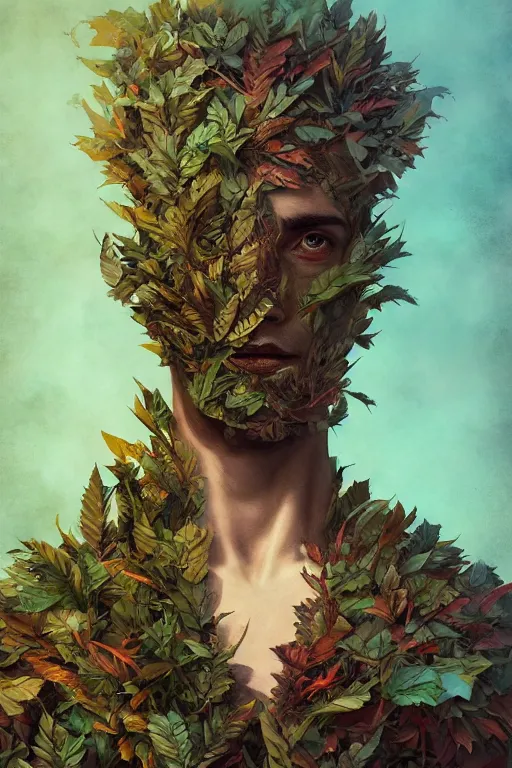 Image similar to portrait of a man made of a leaves, by artgerm, tom bagshaw, gerald brom, vaporwave colors, lo - fi colors, vaporwave, lo - fi, moody vibe, goth vibe, 4 k, hd,