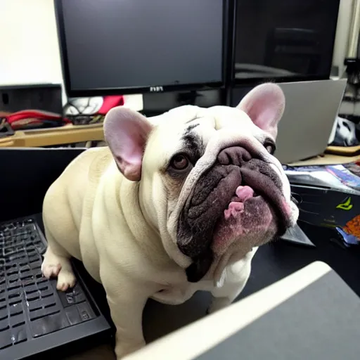 Image similar to a french bull dog working on building his own computer at work