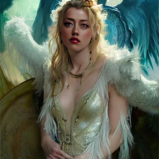 Image similar to hyperrealistic portrait of a woman as amber heard as a saint oracle wearing white swan dress long feathers and sapphire jewellery by jeremy mann and alphonse mucha, fantasy art, photo realistic, dynamic lighting, artstation, poster, volumetric lighting, very detailed faces, 4 k, award winning