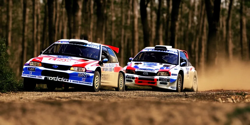 Image similar to WRC, rally car, 1999 subaru WRX, cinematic, 8k, depth of field, bokeh.