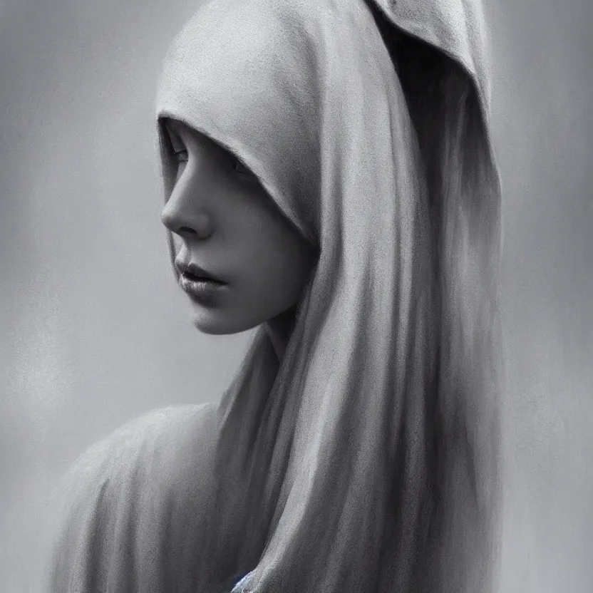 Image similar to Portrait of a young woman wearing a hooded robe, non-centered shot, unique pose, intricate, elegant, highly detailed, digital painting, artstation, concept art, smooth, sharp focus, illustration, art by beksinski