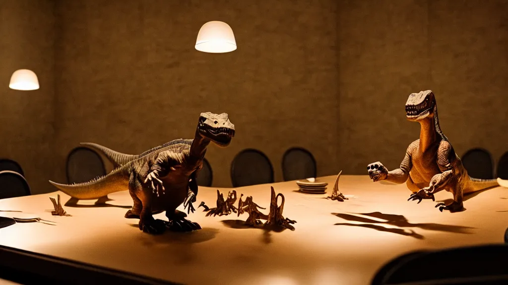 Prompt: the dinosaur sits at a table, made of wax and water, film still from the movie directed by Denis Villeneuve with art direction by Salvador Dalí, long lens, shallow depth of field