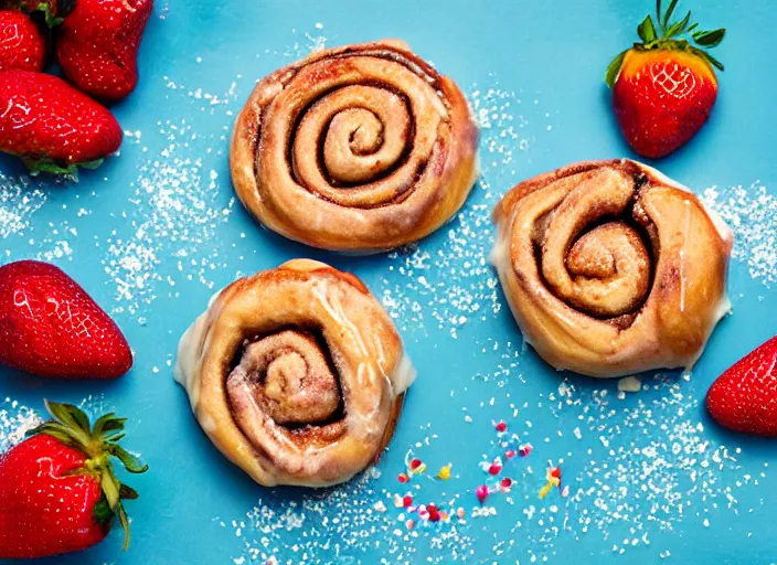 Image similar to sugary hot cinnamon rolls with extra glaze, strawberries, sprinkles, and dollar bills, professional food photography, studio lighting, plating