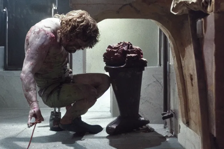 Image similar to peter dinklage climbing out of a toilet, movie still, from the new toxic avenger movie, 8 k, realistic