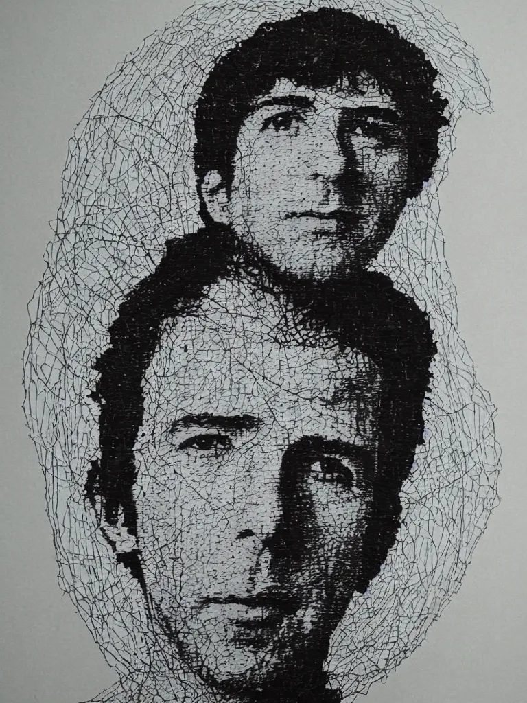 Image similar to wire art portrait of young leonard cohen.