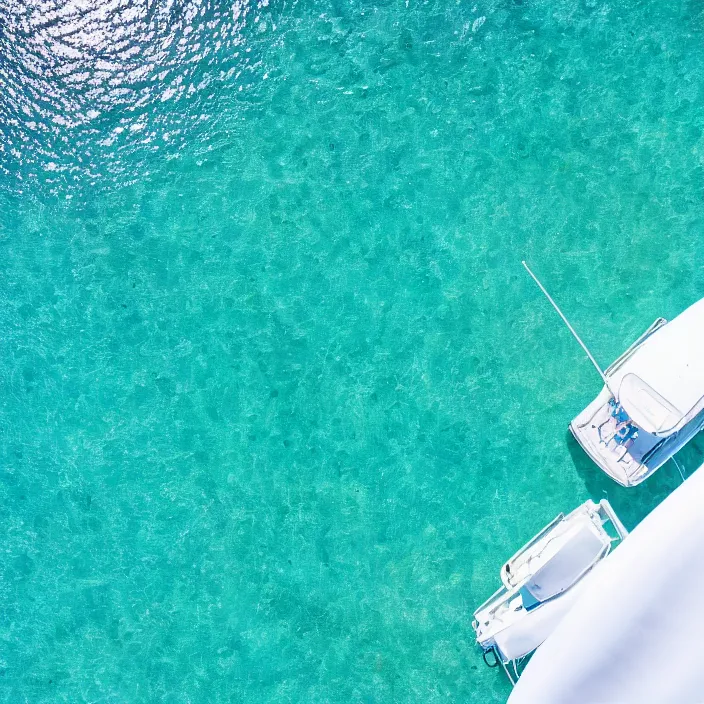 Image similar to an aerial perspective of a crystal clear ocean, a white yacht sailing, turquoise ocean, photo - realistic, highly detailed, calm, serene