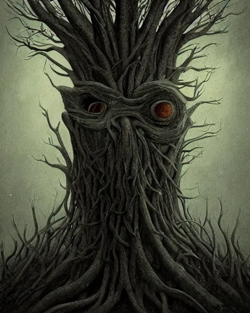 Prompt: a surreal painting of a bizarre otherworldly tree creature with many eyes, by anton semenov