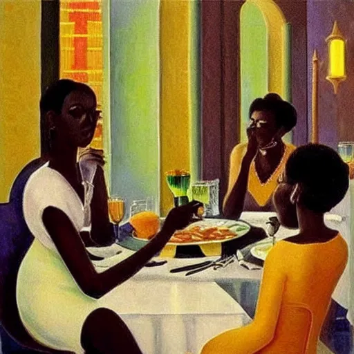 Prompt: dark skinned people eating at a regal buffet ultra detailed beautiful setting elegant event nigerian party minimalist gold ornaments iridescent lighting glamour in the style of edward hooper and henri matisse oil painting