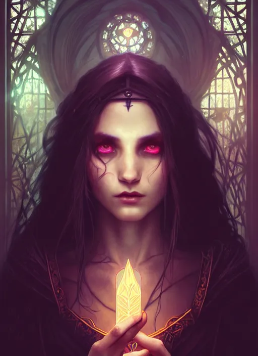 Image similar to Necromancer Sorceress, fantasy magic, undercut hairstyle, dark light night, intricate, elegant, sharp focus, illustration, highly detailed, digital painting, concept art, matte, art by WLOP and Artgerm and Greg Rutkowski and Alphonse Mucha, masterpiece