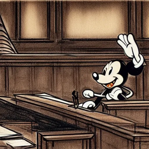 Image similar to detailed background courtroom sketch of vintage disney character mickey mouse presenting evidence of copyright infringement to the judge bench court room wooden serious dark tone