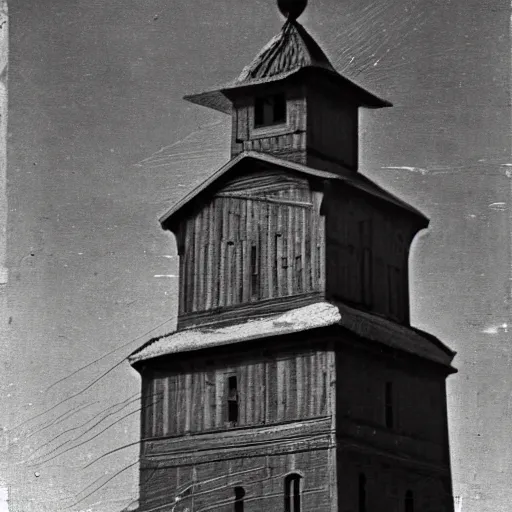 Prompt: grainy 1800s photo of a russian orthodox tower with a mechanical device on it harvesting electricity from the air