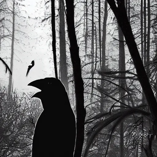 Image similar to werecreature consisting of a crow and a human, photograph captured in a dark forest